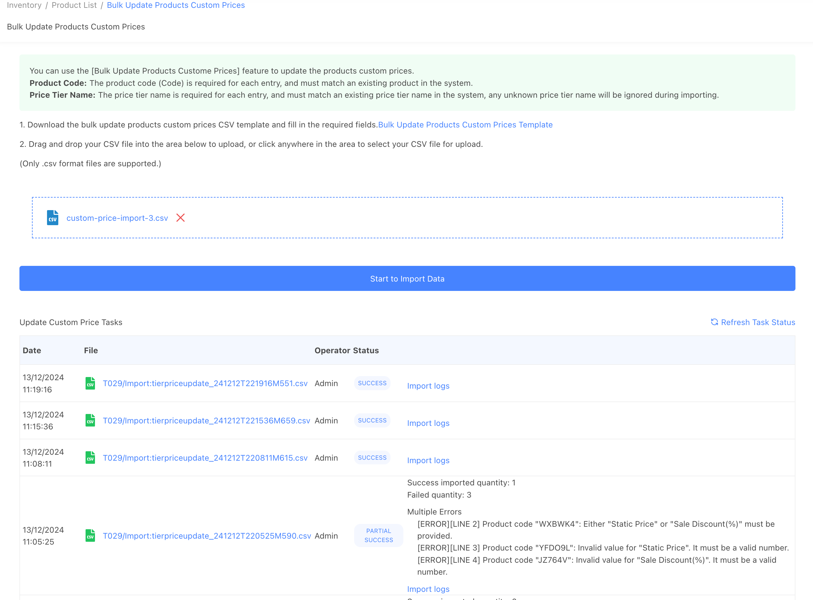 stockunify-bulk import custom prices