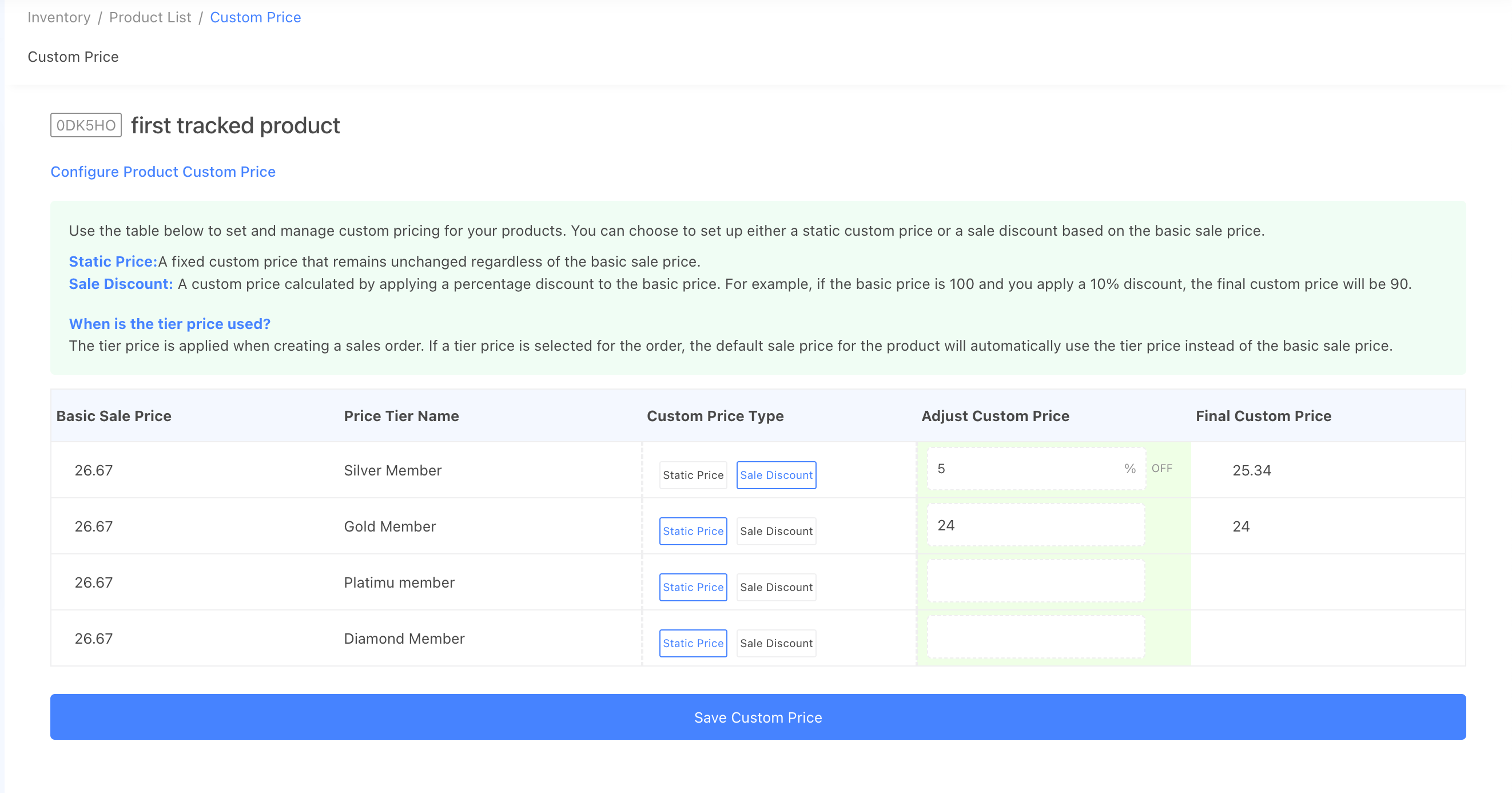 stockunify - set up custom price for a product