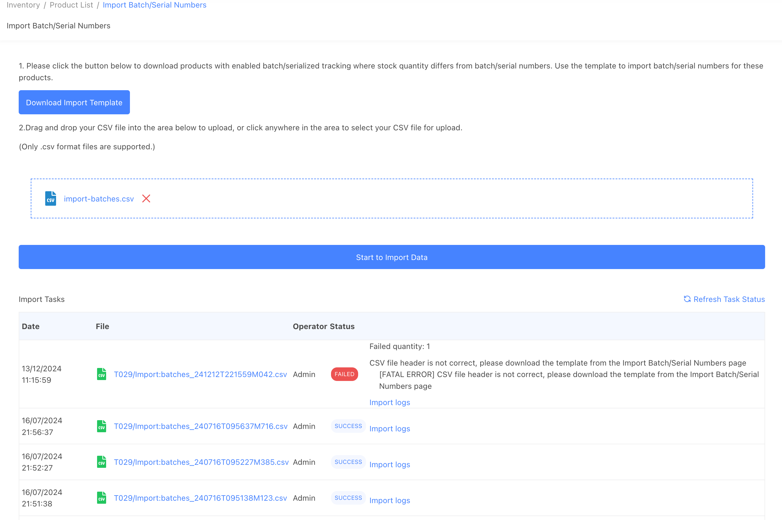 import serial/batch numbers
