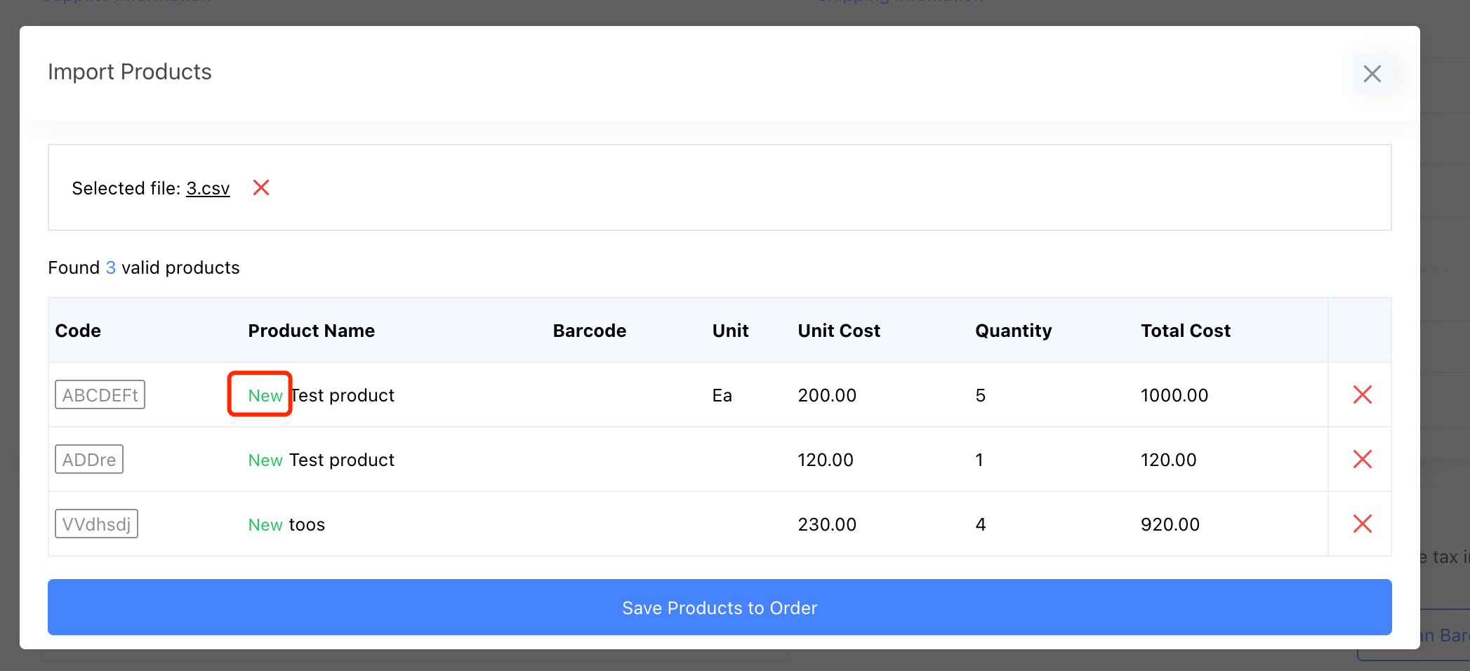 import purchase order products