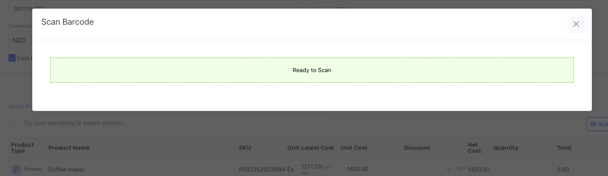 add products to order bay barcode scanning