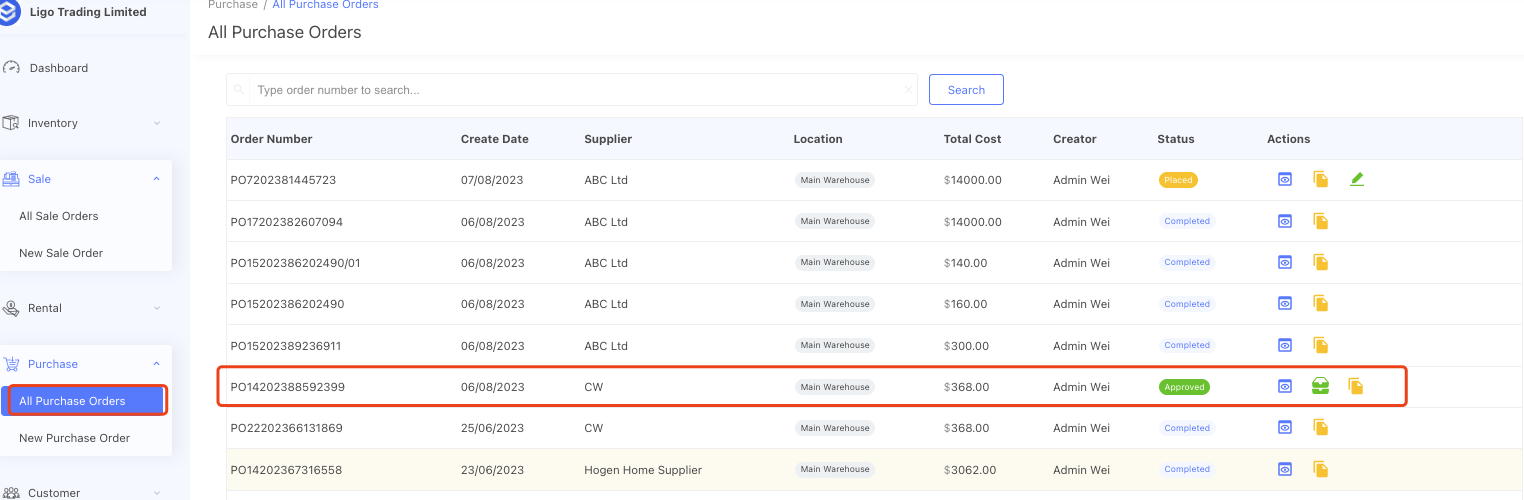 purchase order list