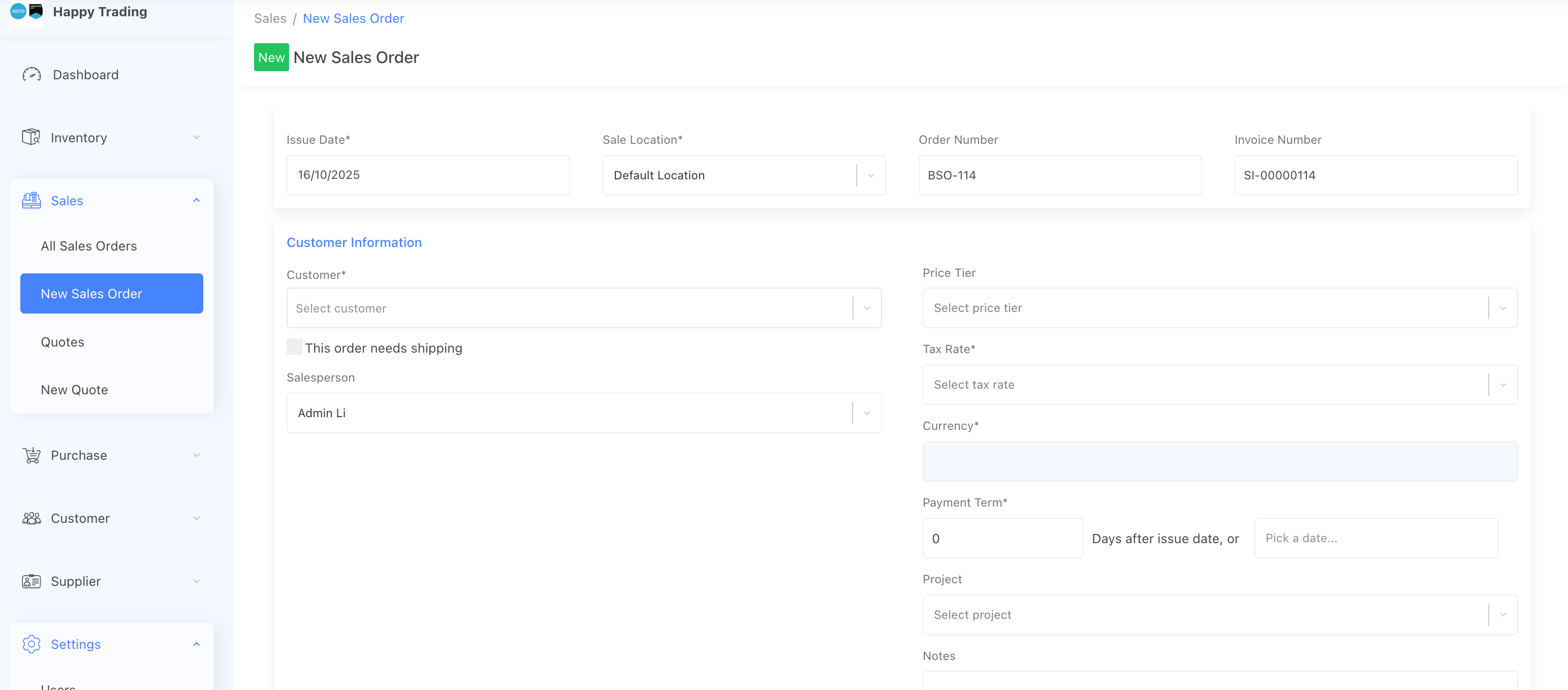 add new sale order form