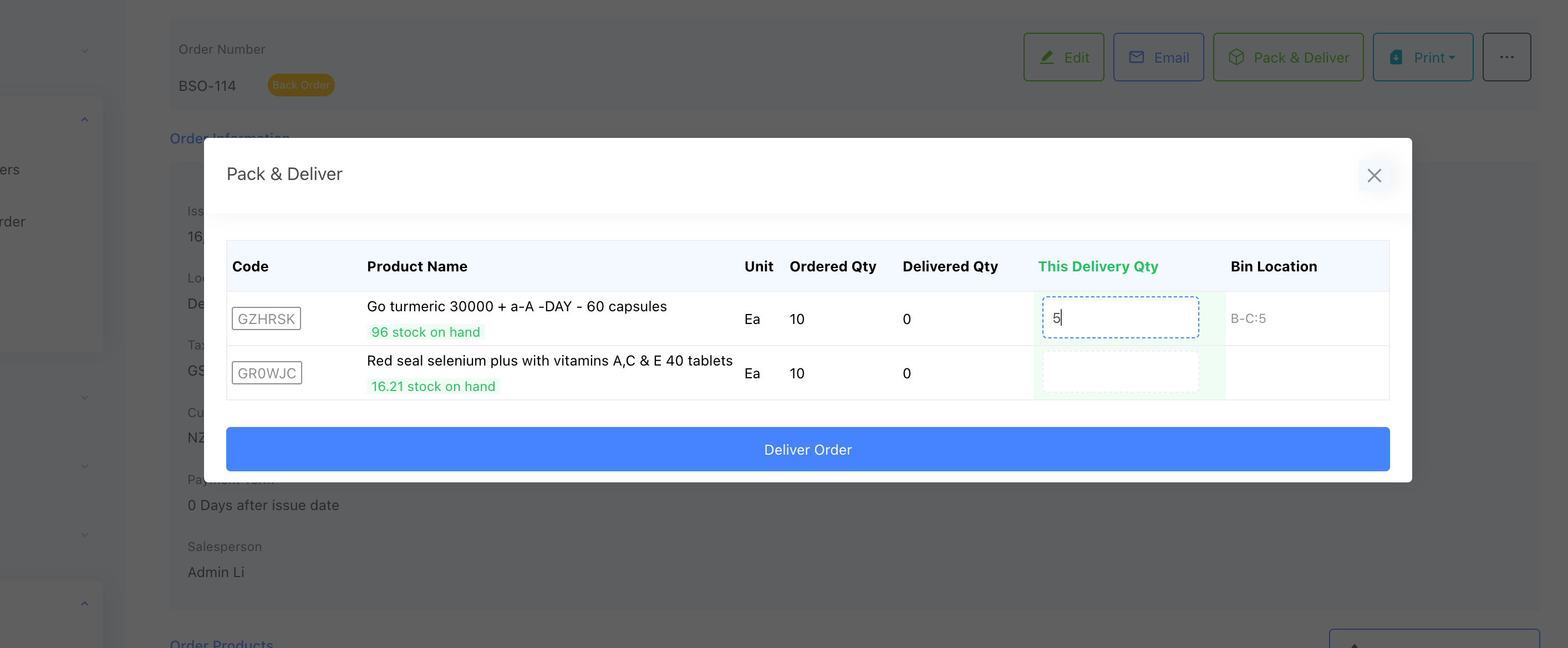 Partial delivery sales order