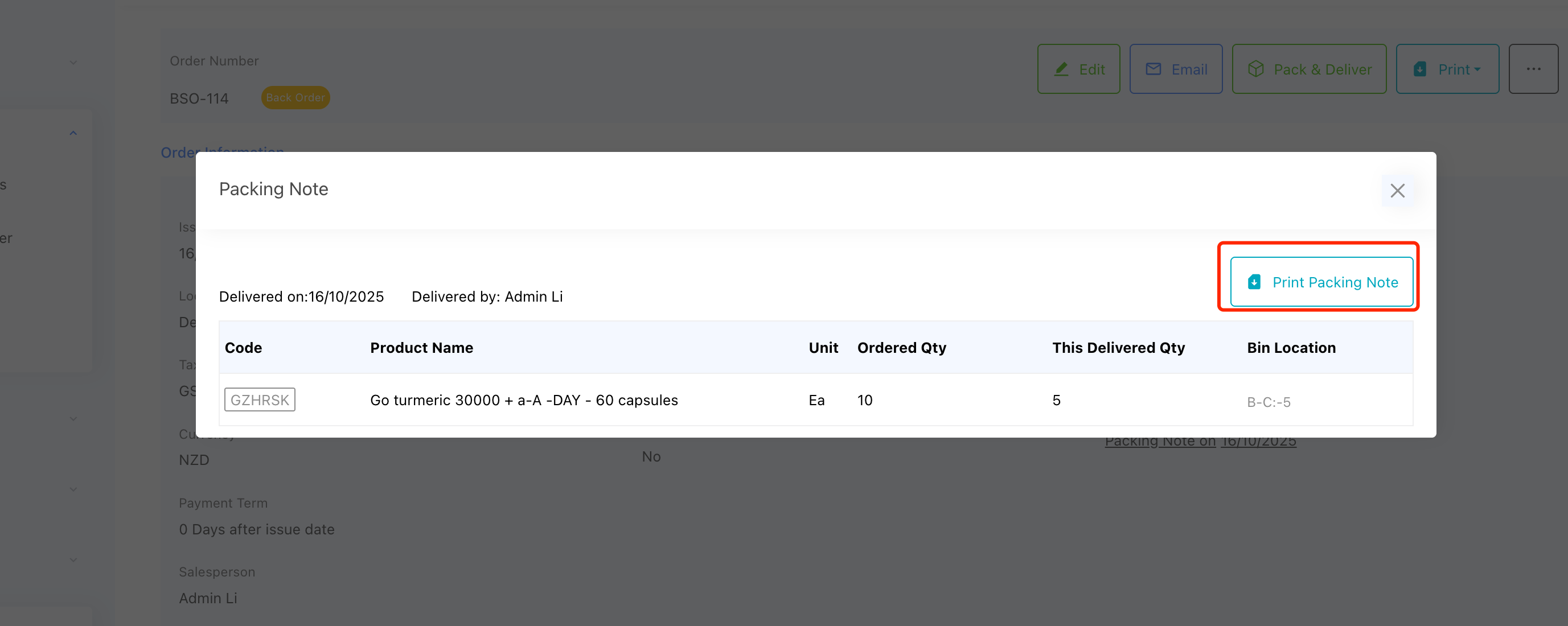 Partial delivery sales order
