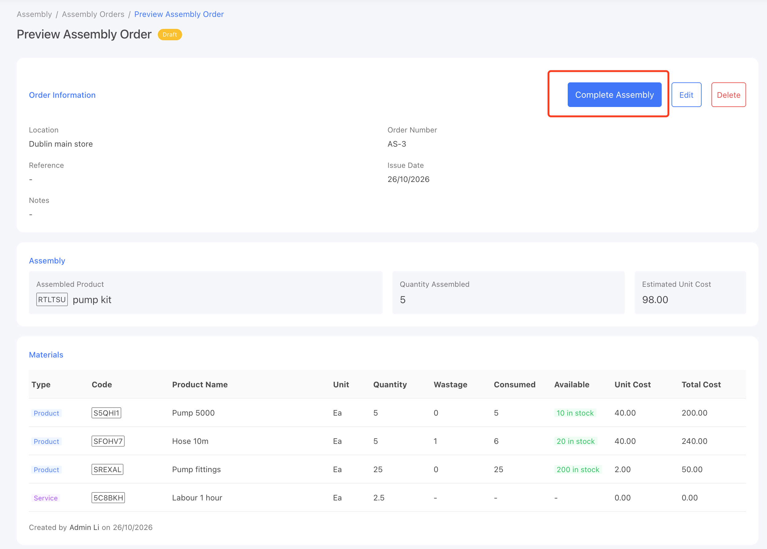 complete assembly order access