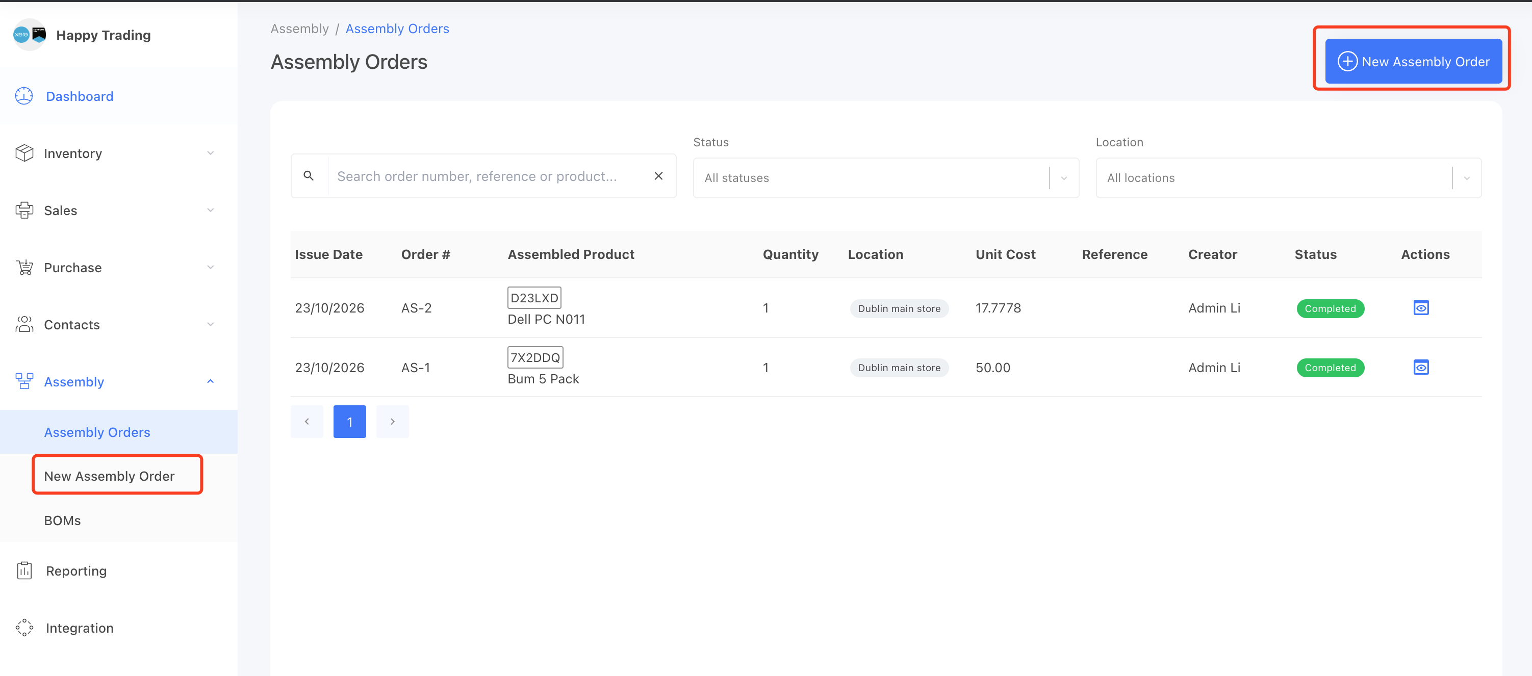 new assembly order access